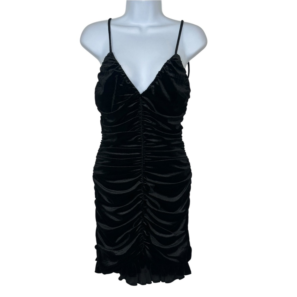 Zara Mini Dress XS Black Velvet Ruched Bodycon V-Neck Spaghetti Strap Ruffle Hem